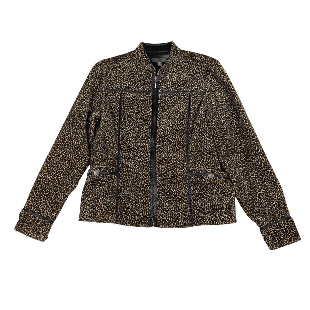 Amber Sun Leopard Print Corduroy Zip Up Jacket Brown Petite Small Animal Print